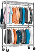 3-Tier High-Strength Rolling Garment Rack Adjustable Wire Shelving Clothing Closet Storage with 2 Hanging Rods Side Hooks Wheels Chrome 15.7' D x 45.3' W x 79.6' H