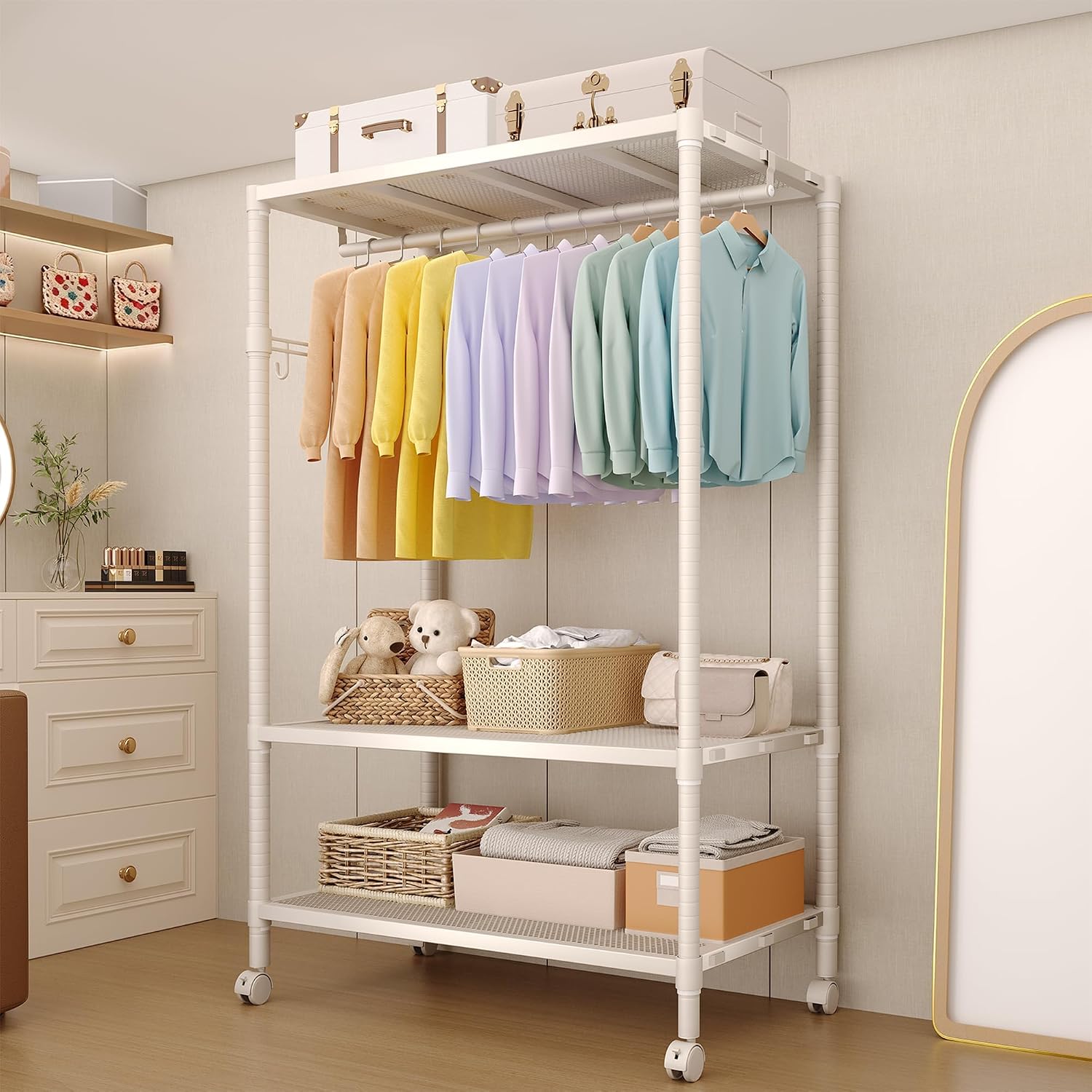 Heavy Duty Rolling Clothes Rack with Wheels, Clothing Racks with Adjustable Shelves & Side Hooks for Hanging Clothes, Freestanding Storage Closet Clothing Rack for Bedroom Laundry Room, Beige