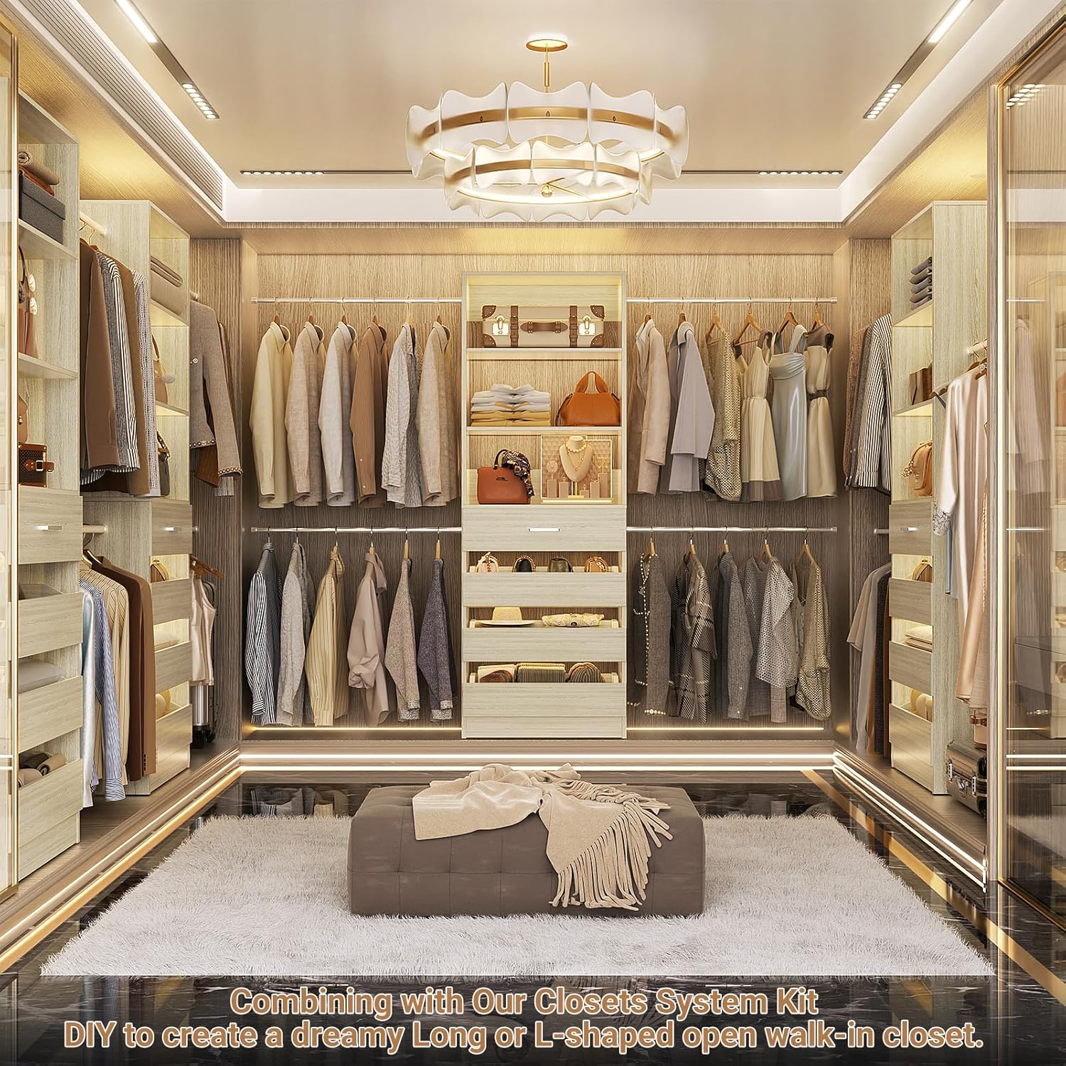 Aheaplus Closet System, 4-9Ft Closet Organizer with 4 Wooden Drawers, Wood Closet Organizer System with Tower, Walk-in Closet Organizer Wardrobe Garment Clothes Rack with 4 Hanging Rods, 2White Oak
