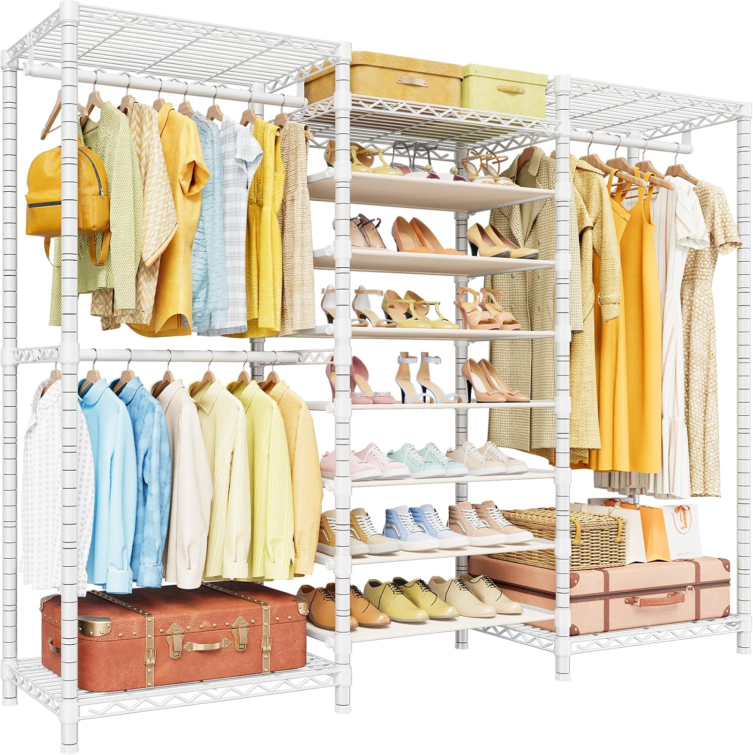 ULIFHOME E16 Heavy Duty Clothing Rack（With 7-Tier Adjustable Shoe Rack） Freestanding Clothes Rack for Hanging Clothes，Metal Closet Storage Organizer Large Wardrobe，69'' W x 15.8'' D x 76.2'' H，White