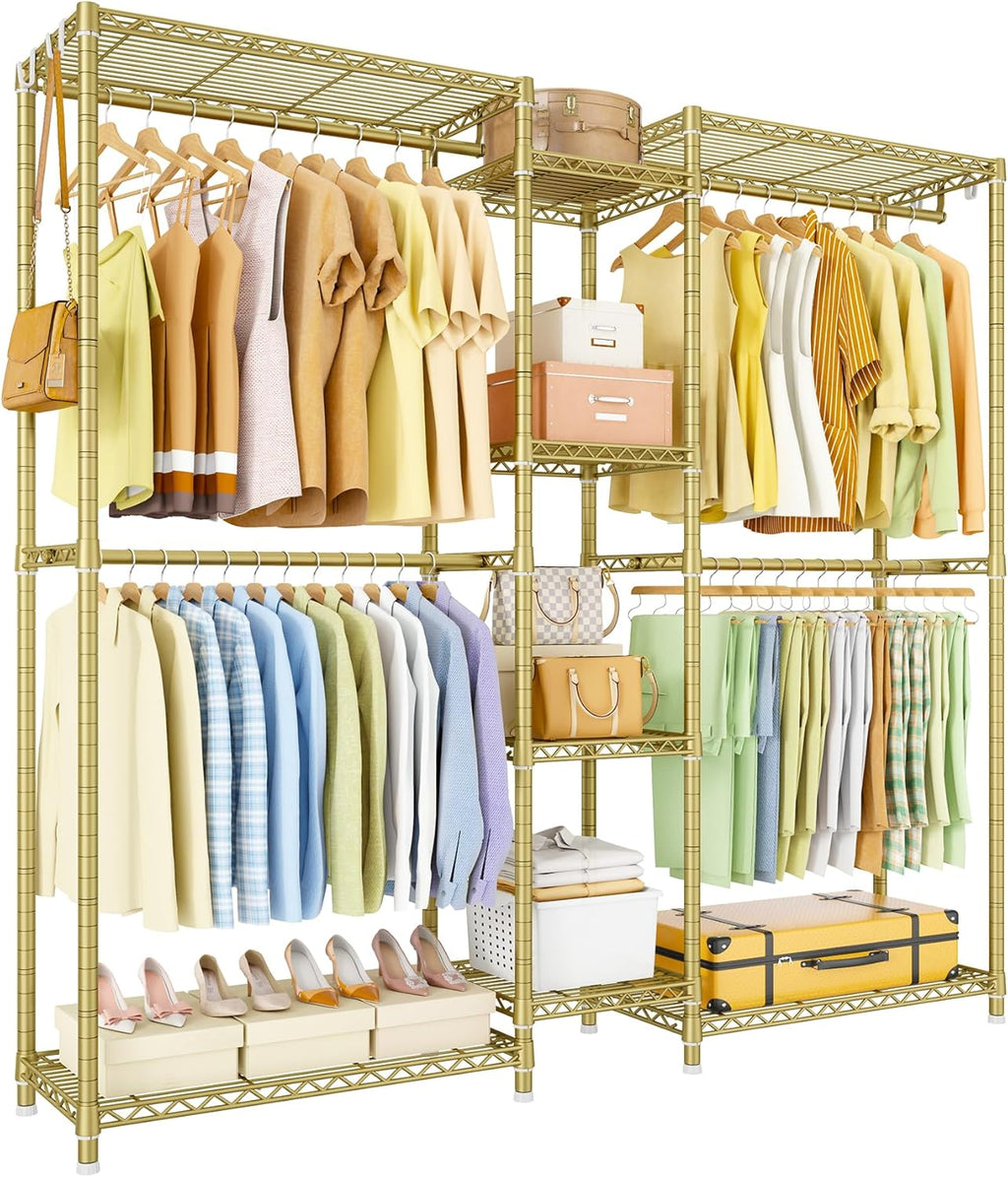 Ulif E4 Clothes Rack, Heavy-Duty Garment Rack, Metal Freestanding Clothing Organization Storage System Can Be L-Shaped with Shelves and Hangers, Max Load 962lbs, 71.6' W x 14.5' D x 79.3' H, Gold