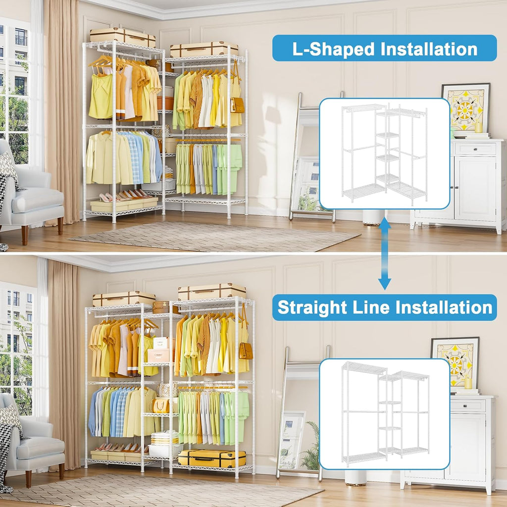 Ulif E4 Clothes Rack, Heavy-Duty Garment Rack, Metal Freestanding Clothing Organization Storage System Can Be L-shaped with Shelves and Hangers, Max Load 962lbs, 71.6' W x 14.5' D x 79.3' H, White