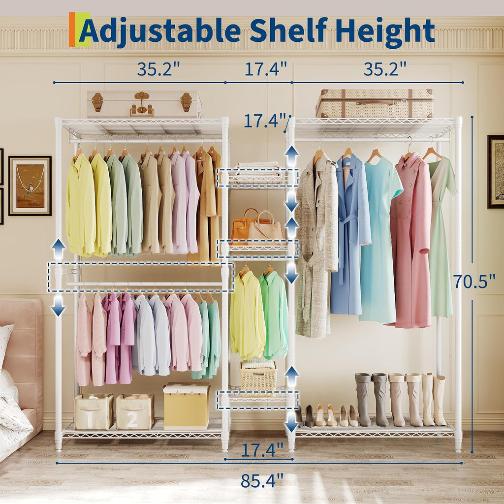 1630 LBS Heavy Duty Clothes Rack with Adjustable Shelves, 5 Tiers L-Shaped Freestanding Closet Organizer and Storage for Hanging Clothes, 85.4' W x 17.4' D x 70.5' H