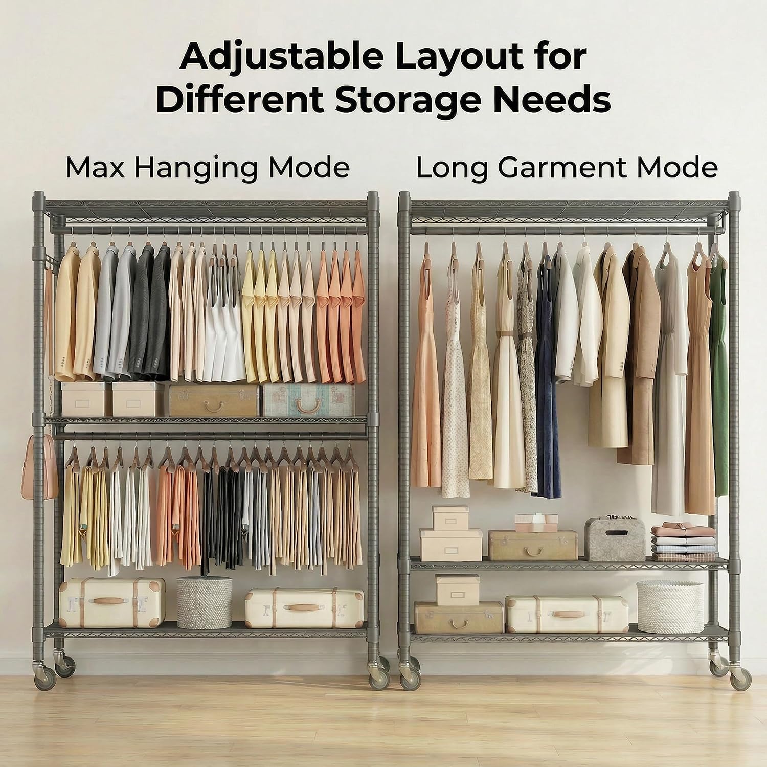 Homdox Rolling Clothes Rack Heavy Duty, 3-Tier Adjustable Wire Shelving Garment Organizer with Double Rods & Hooks, Portable Clothes Rack with Wheels, 17.72' D x 47.24' W x 80.71' H, Grey
