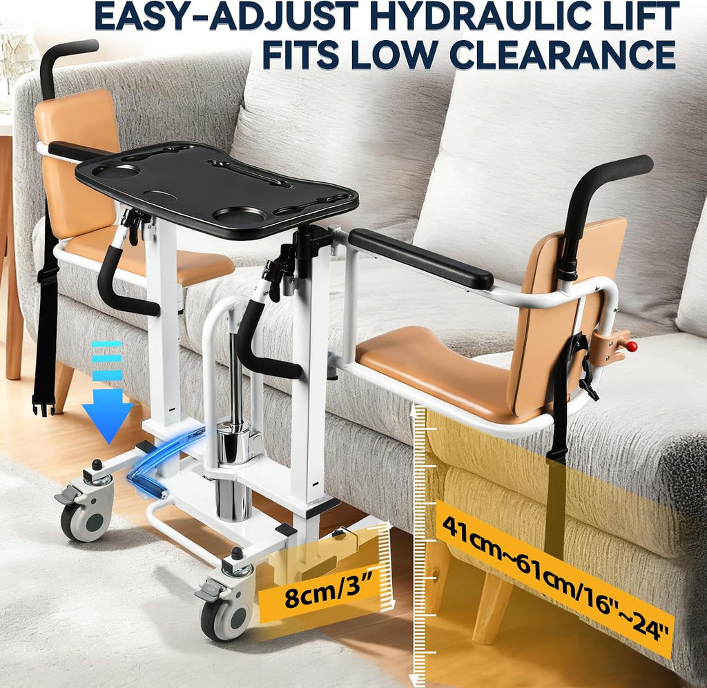 Patient Lift Transfer Chair, 6 in 1 Hydraulic Patient Lift Chair with 180°Split Seat, Height Adjustable Commode Wheelchair Transfer with 4 Locking 360°Swivel Casters for Home Elderly Handicapped