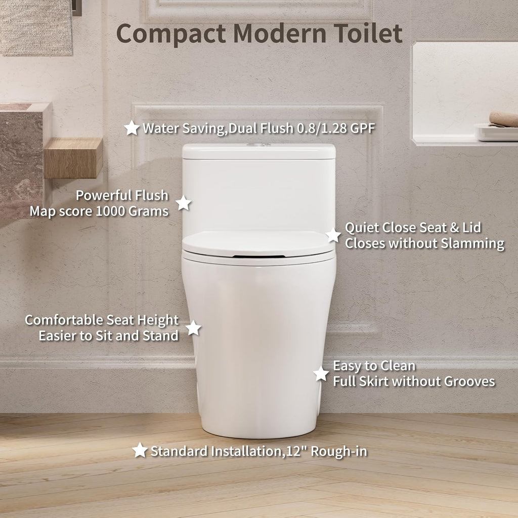 KE KING Compact One Piece Toilet,ADA Height 17.3+',Modern Toilet with Comfort Chair Seat, Dual Flush 0.8/1.28 GPF Elongated Toilet for Bathroom, MAP 1000g,12' Rough-In,white