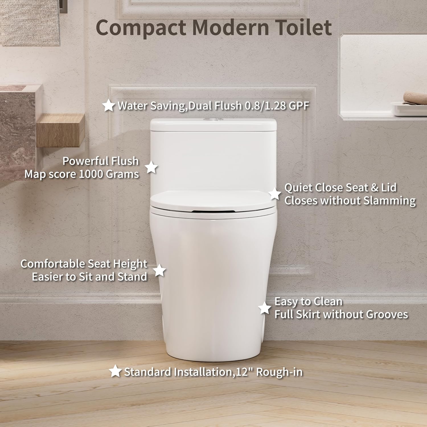 KE KING Compact One Piece Toilet,ADA Height 17.3+',Modern Toilet with Comfort Chair Seat, Dual Flush 0.8/1.28 GPF Elongated Toilet for Bathroom, MAP 1000g,12' Rough-In,white