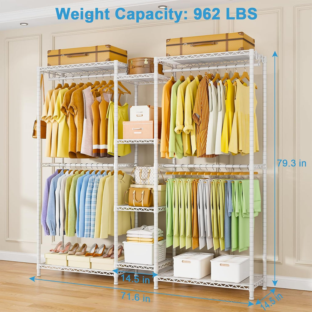 Ulif E4 Clothes Rack, Heavy-Duty Garment Rack, Metal Freestanding Clothing Organization Storage System Can Be L-shaped with Shelves and Hangers, Max Load 962lbs, 71.6' W x 14.5' D x 79.3' H, White