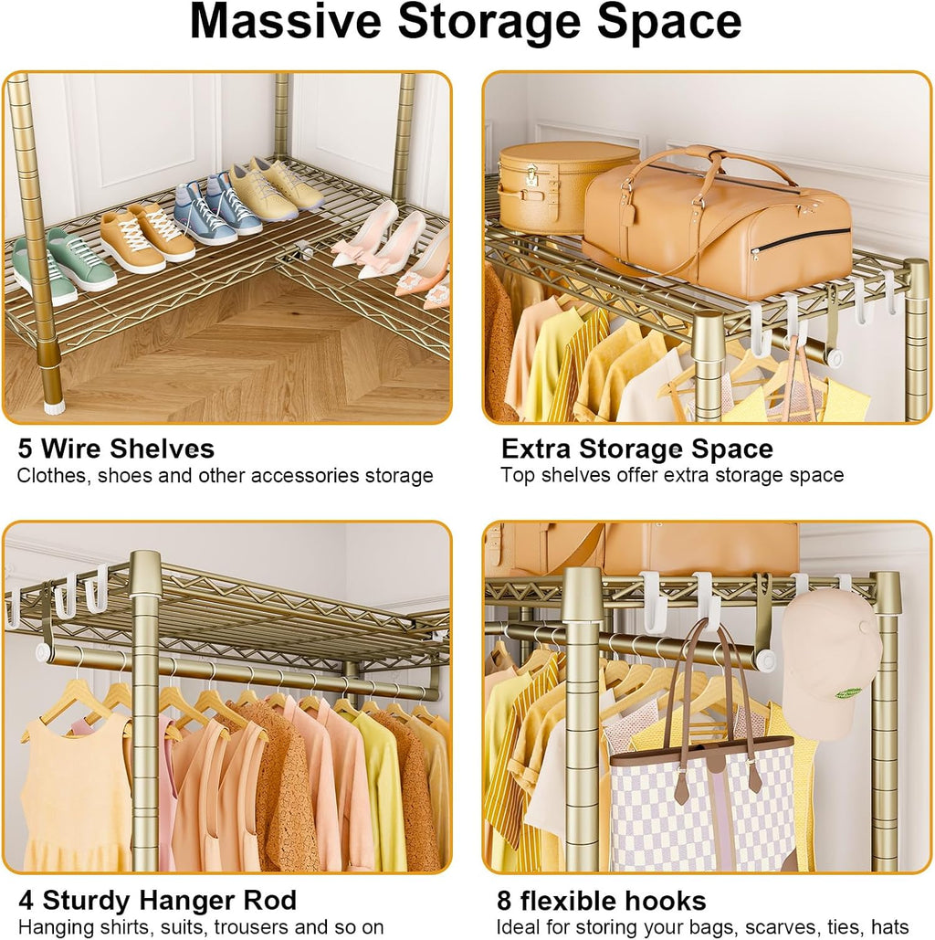 ULIFHOME E15 Garment Rack L Shaped Clothes Rack for Corner，Freestanding Clothing Racks for Hanging Clothes，Heavy Duty Closet Organizer with 4 Hanging Rods & 8 S Hooks，43.4' W x 15.8' D x 78.4' H，Gold