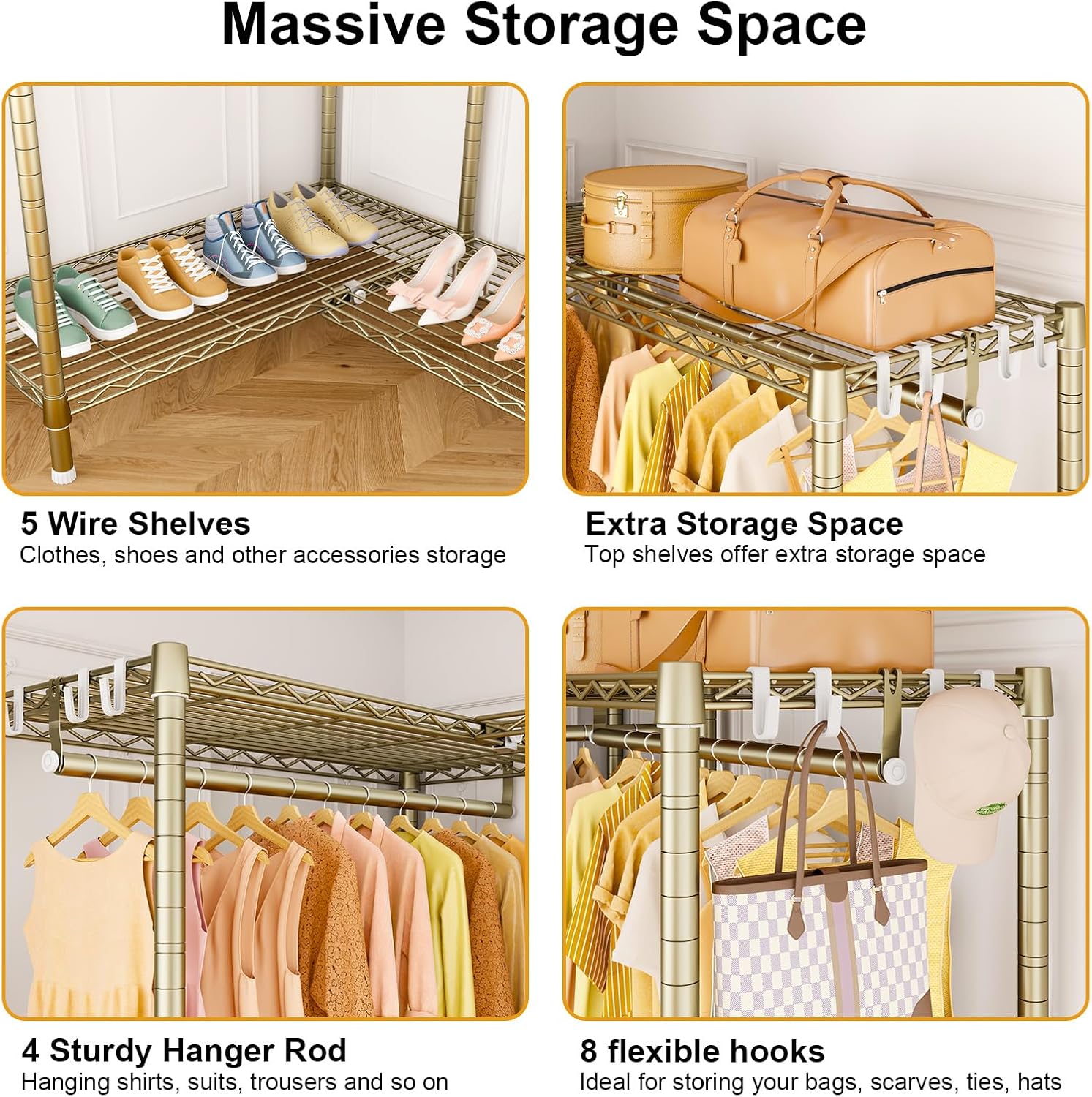 ULIFHOME E15 Garment Rack L Shaped Clothes Rack for Corner，Freestanding Clothing Racks for Hanging Clothes，Heavy Duty Closet Organizer with 4 Hanging Rods & 8 S Hooks，43.4' W x 15.8' D x 78.4' H，Gold
