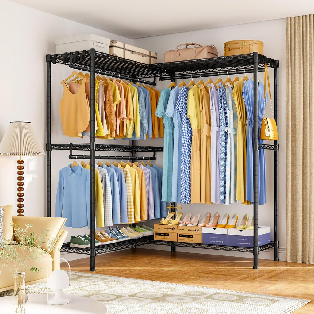 ULIFHOME E15 Pro Garment Rack L Shaped Clothes Rack for Corner，Freestanding Clothing Racks for Hanging Clothes，Heavy Duty Closet System with 4 Hanging Rods & 8 S Hooks，48.8'W x 15.8'D x 78.4'H，Black