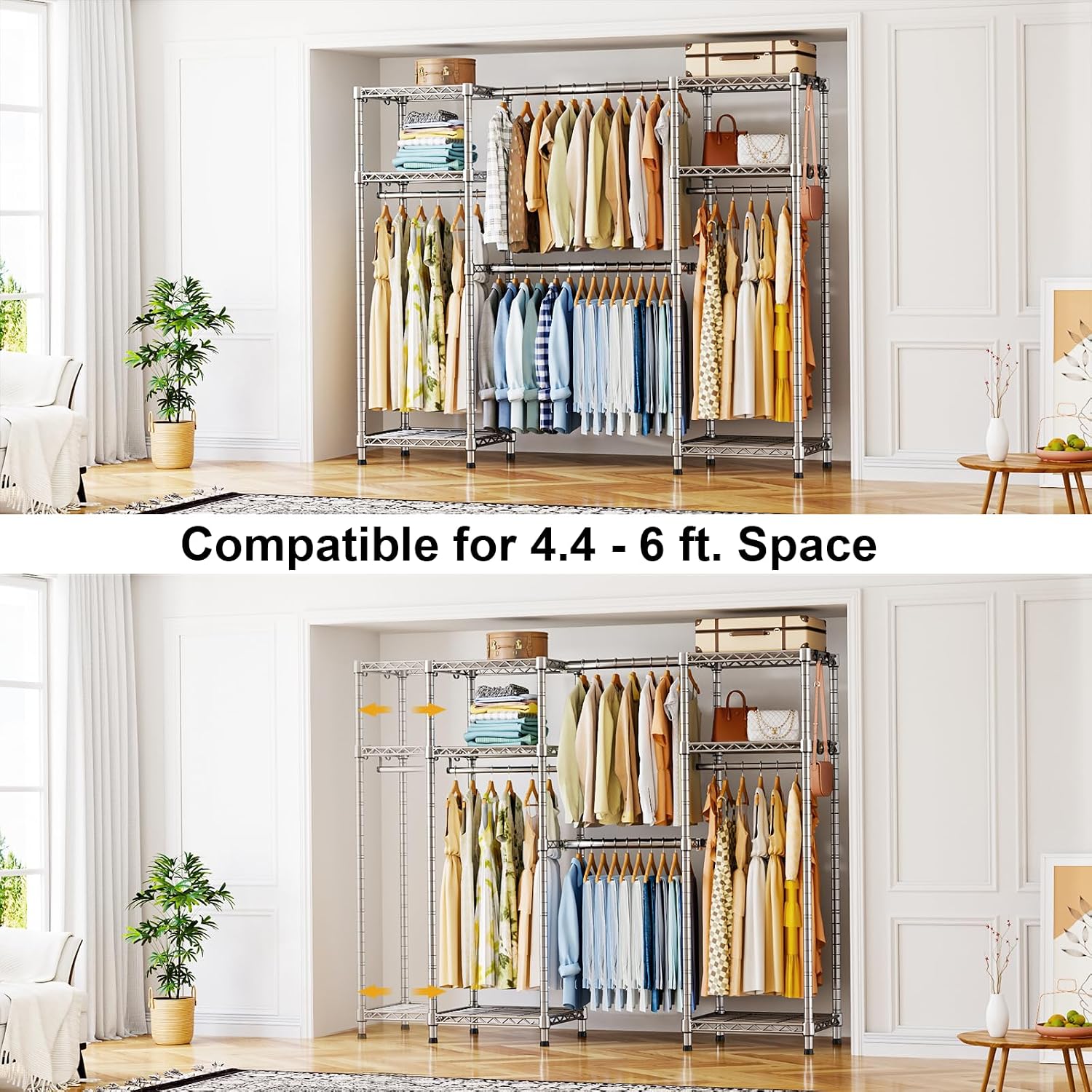 Ulif E7 Garment Rack, Heavy Duty Clothes Storage System with Extendable Hangers Rods, Metal Clothing Rack with 6 Wire Shelves, (52.3'-72') W x 14.5' D x 71.2' H, Load 838lbs, Chrome