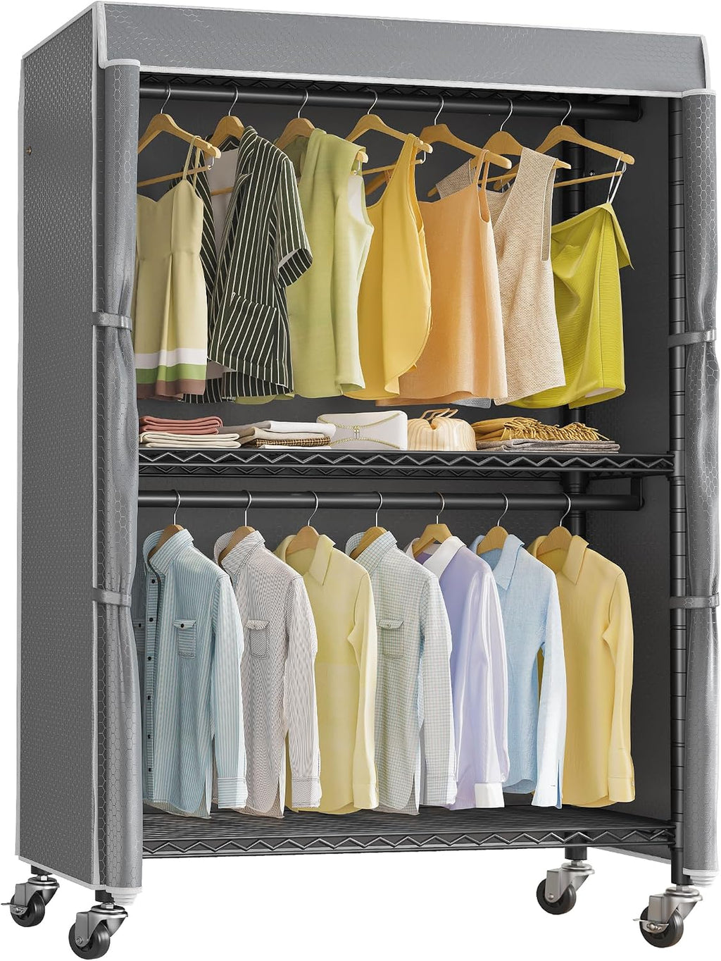 VIPEK R2C Plus Heavy Duty Rolling Garment Rack with Cover Clothing Racks for Hanging Clothes Portable Closets with Adjustable 3 Wire Shelves, Double Rods, Black Rack with Grey Upgraded Polyester Cover