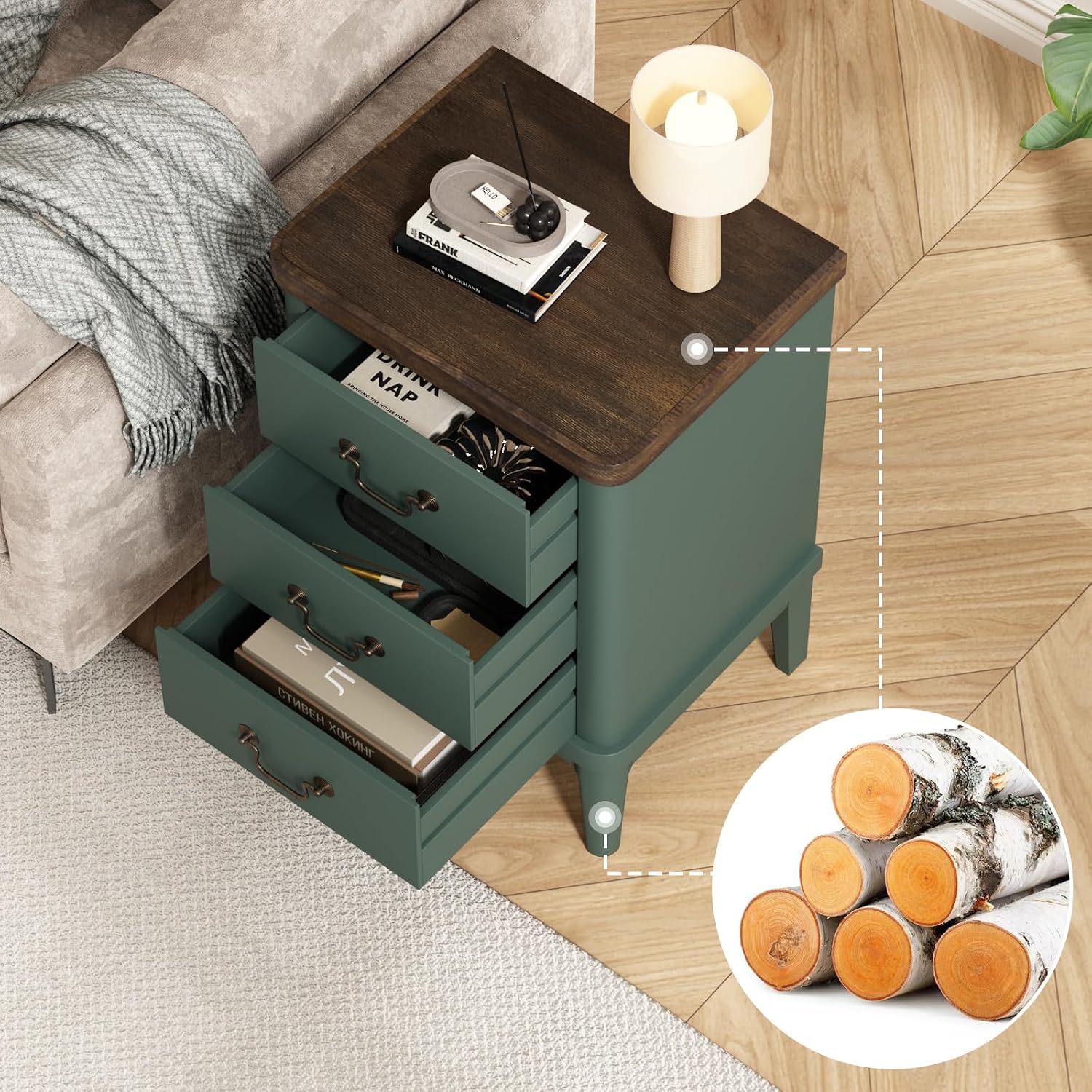 Wnutrees Farmhouse Nightstand with 3 Drawers，Modern Bedside Table with Round Curved Corner and Metal Handles, Wood End Side Table for Living Room, Hallway, Green Set of 2