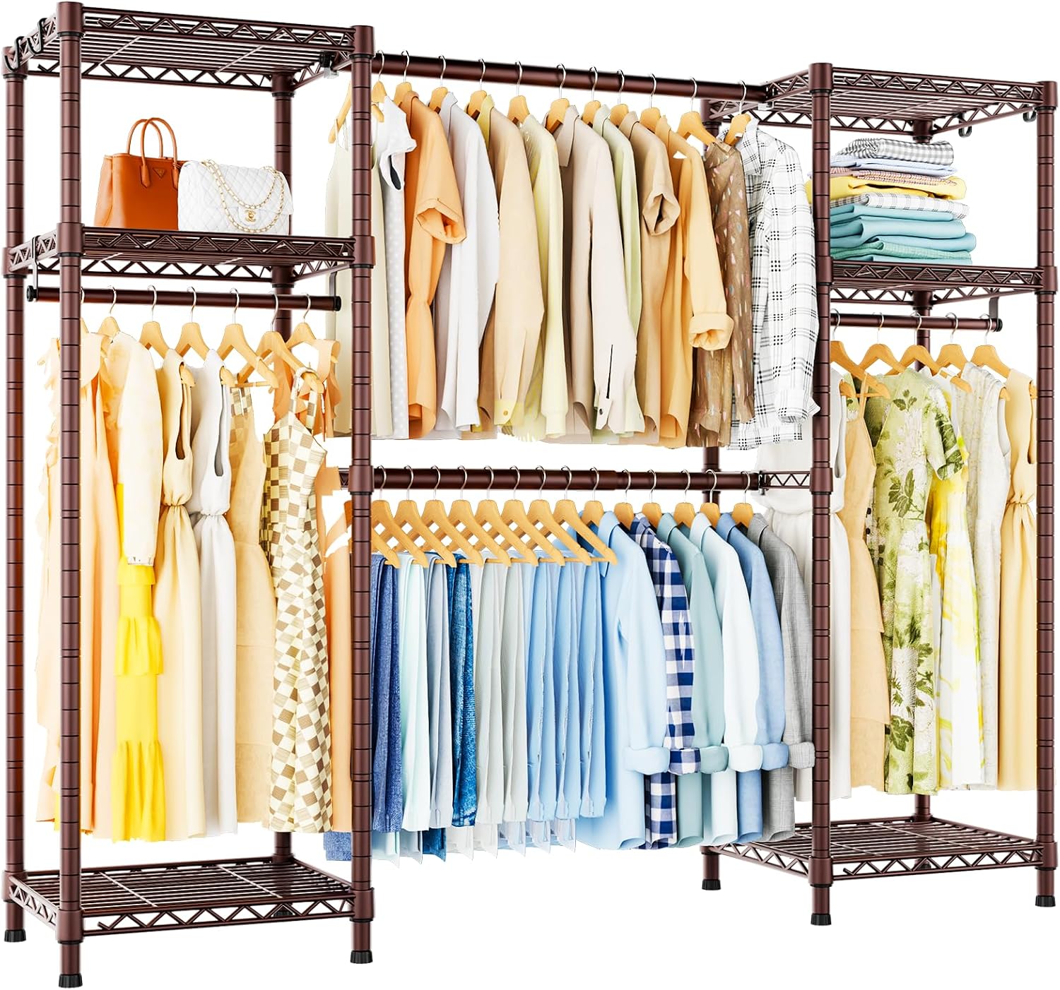 Ulif E7 Garment Rack, Heavy Duty Clothes Storage System with Extendable Hangers Rods, Metal Clothing Rack with 6 Wire Shelves, (52.3'-72') W x 14.5' D x 71.2' H, Load 838lbs, Bronze
