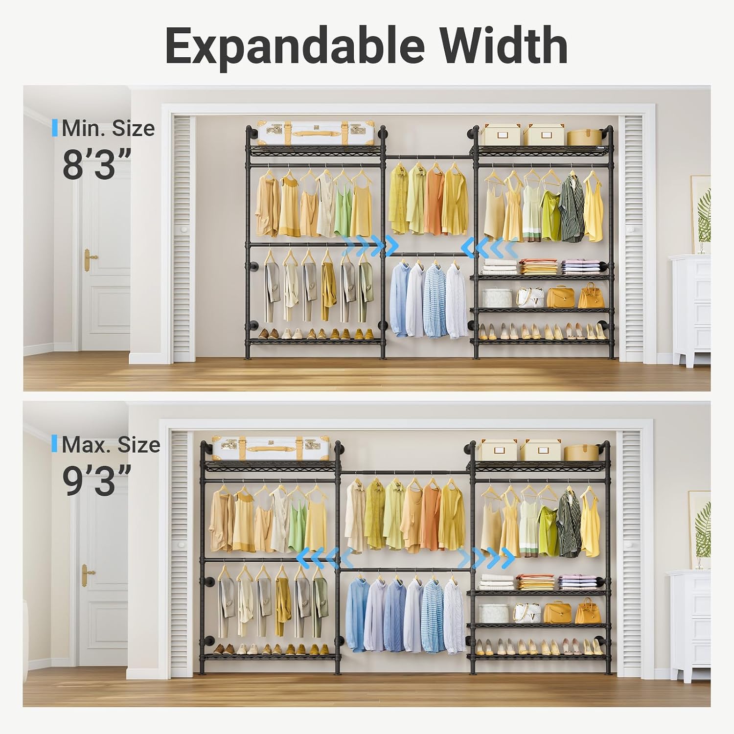 Timate F3 Plus Wall Mounted Clothes Rack Industrial Pipe Clothing Rack for Hanging Clothes, Heavy Duty Clothes Rack with Shelves, Expandable Garment Rack Wall Closet System, Black Pipe Closet Kit