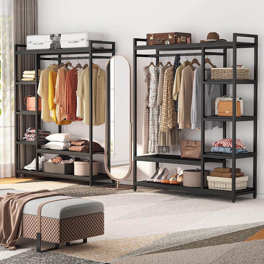 LITTLE TREE Free Standing Wood Closet Clothes Rack,Heavy Duty Grament Rack with Shelves,Hanging Racks for Clothes Clothing Rack for Bedrom,Wardrobe Closet Organizer,350 lb Capacity,Black
