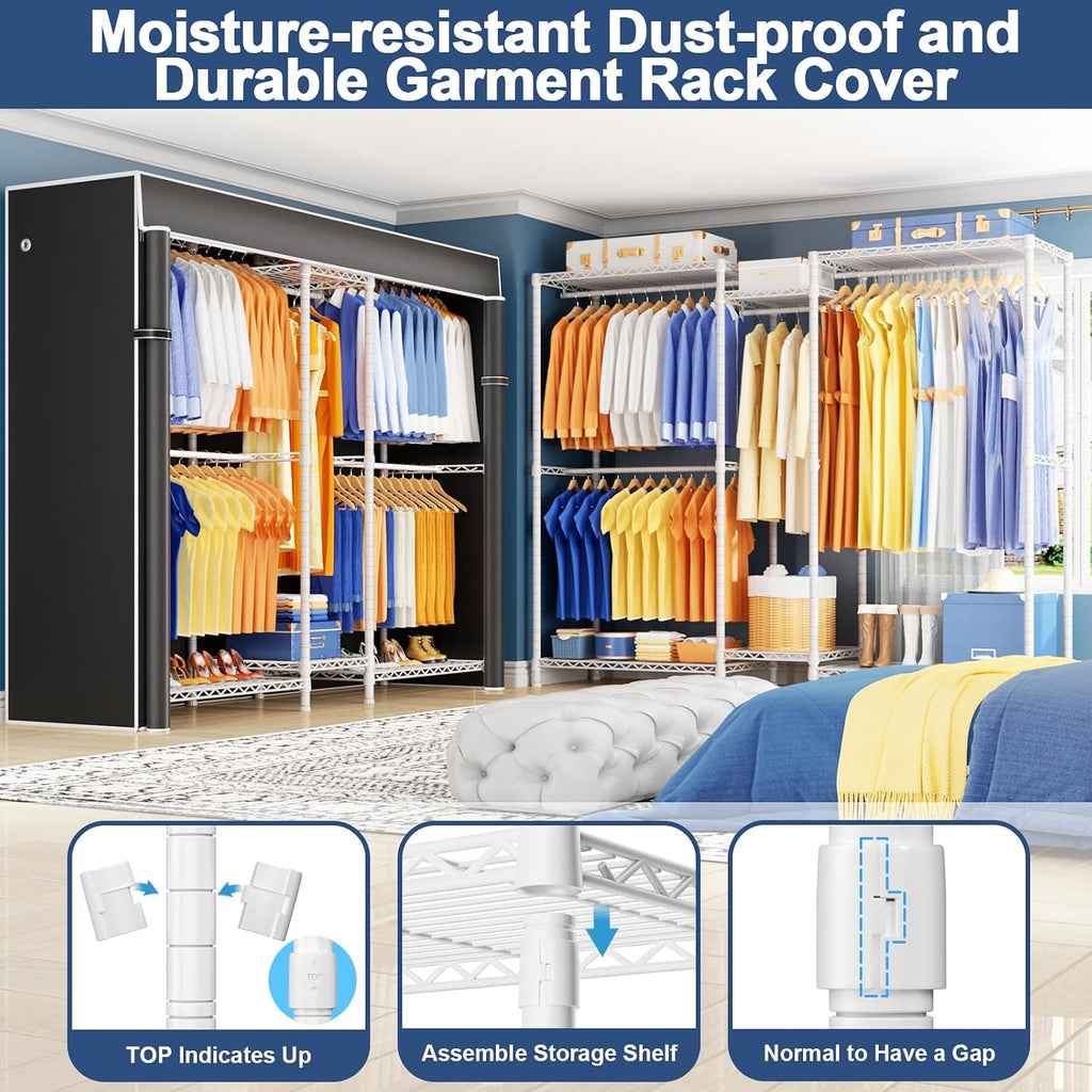 Ulif E12C Pro Heavy Duty Closet Organizer System，Freestanding Clothing Racks for Hanging Clothes，Adjustable Garment Rack 71'W x 16'D x 76.5'H Hold 960lbs，White Clothing Rack with Black Dustproof Cover