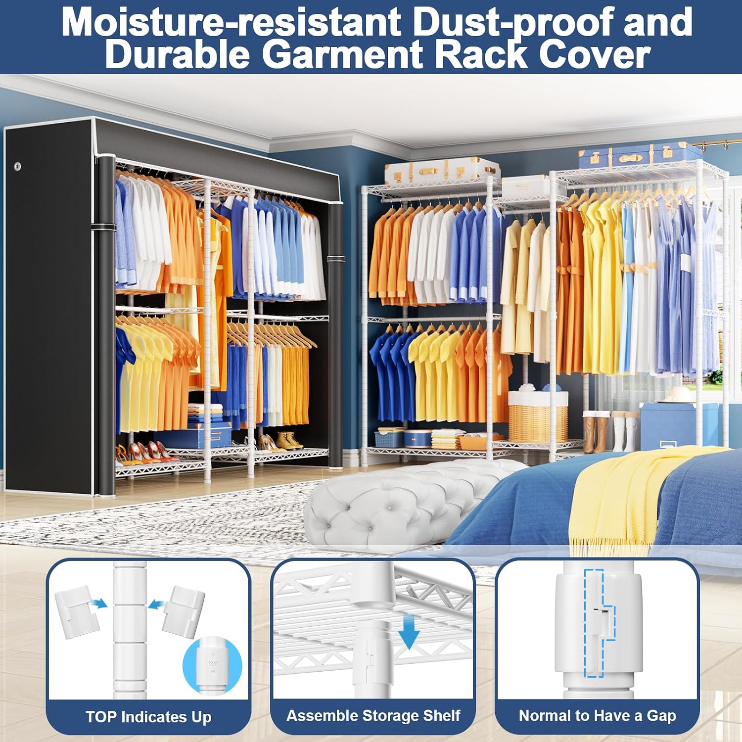 Ulif E12C Pro Heavy Duty Closet Organizer System，Freestanding Clothing Racks for Hanging Clothes，Adjustable Garment Rack 71'W x 16'D x 76.5'H Hold 960lbs，White Clothing Rack with Black Dustproof Cover