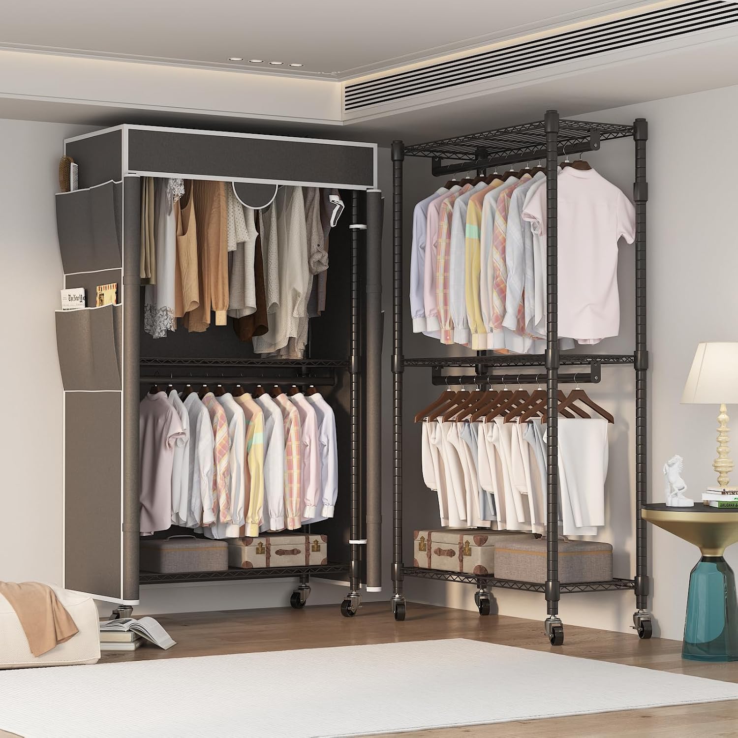 Homdox Garment Rack with Cover, Heavy Duty Clothing Rack for Hanging Clothes, Portable Closet Wardrobe, Double Rods Garment Rack with wheels, 35.1' W x 17.4' D x 80.6' H, Gray