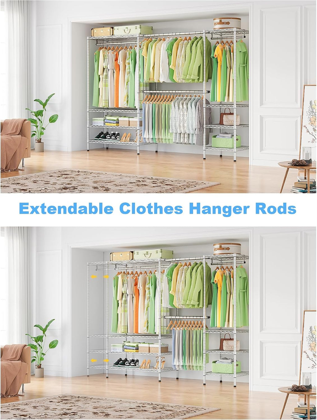 Ulif E11 Heavy-Duty Garment Rack, Metal Freestanding Clothes Rack and Closet Storage Organizer System with 8 Shelves and 4 Hanger Rods, (73.2-97.6)' W x 14.5' D x 71.2' H, Load 1034 LBS, Chrome