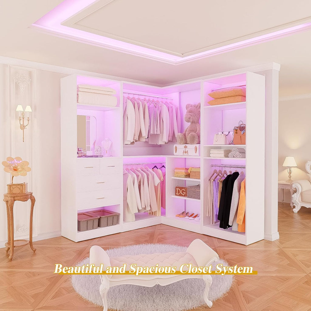 Unikito 86' Closet System, Large Corner Closets Organizer with Hanging Rods and Mirror Design, Freestanding Adjustable Wood Clothes Garment Rack with Drawers, Sturdy Walk in Closet Tower, White