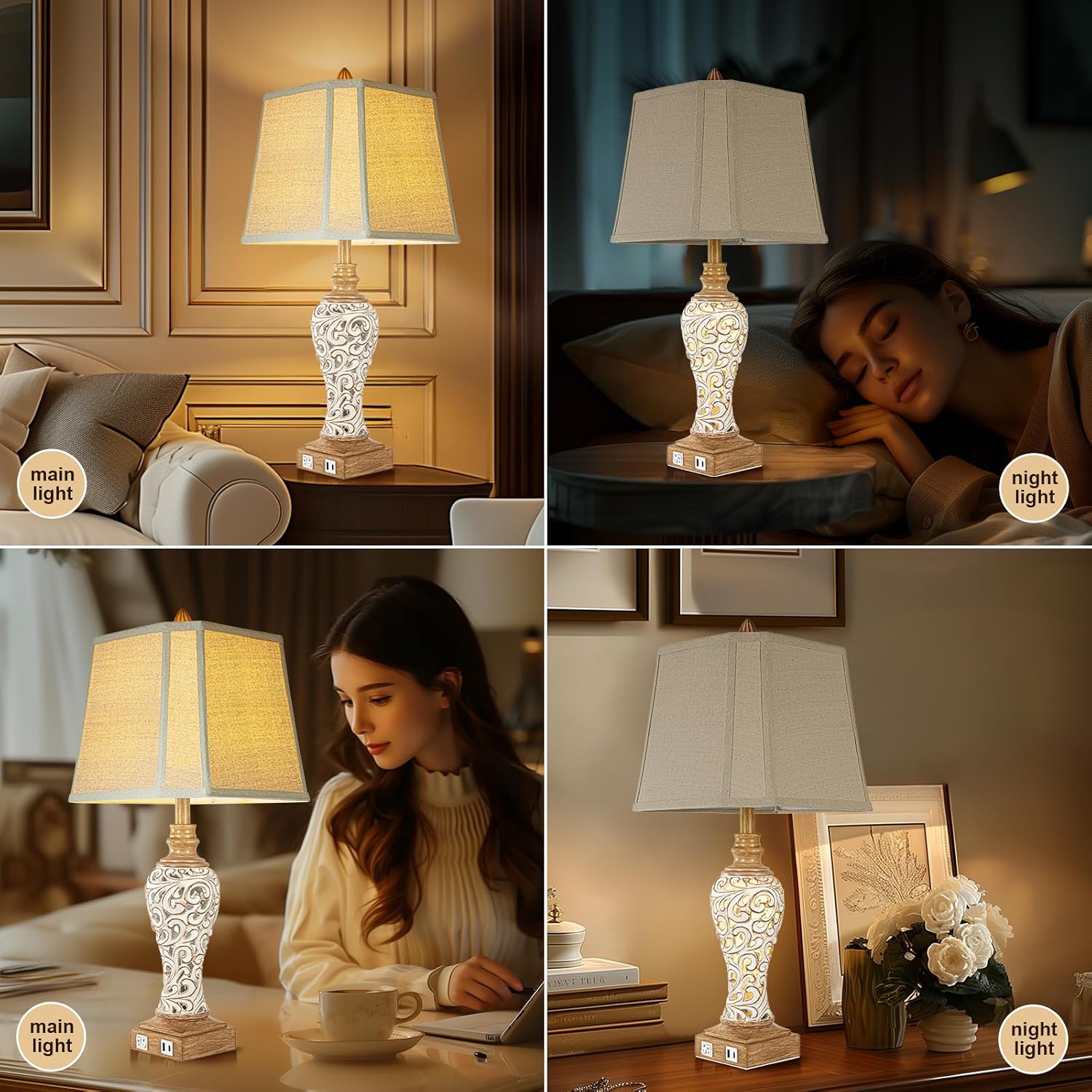 28.5' Rustic Table Lamp Set of 2 For Living Room Farmhouse Lamps for Bedroom, Bedside Lamps with Night Lights And USB C+A Charging Ports for Decor Office Study Hotel (Bulbs Included)