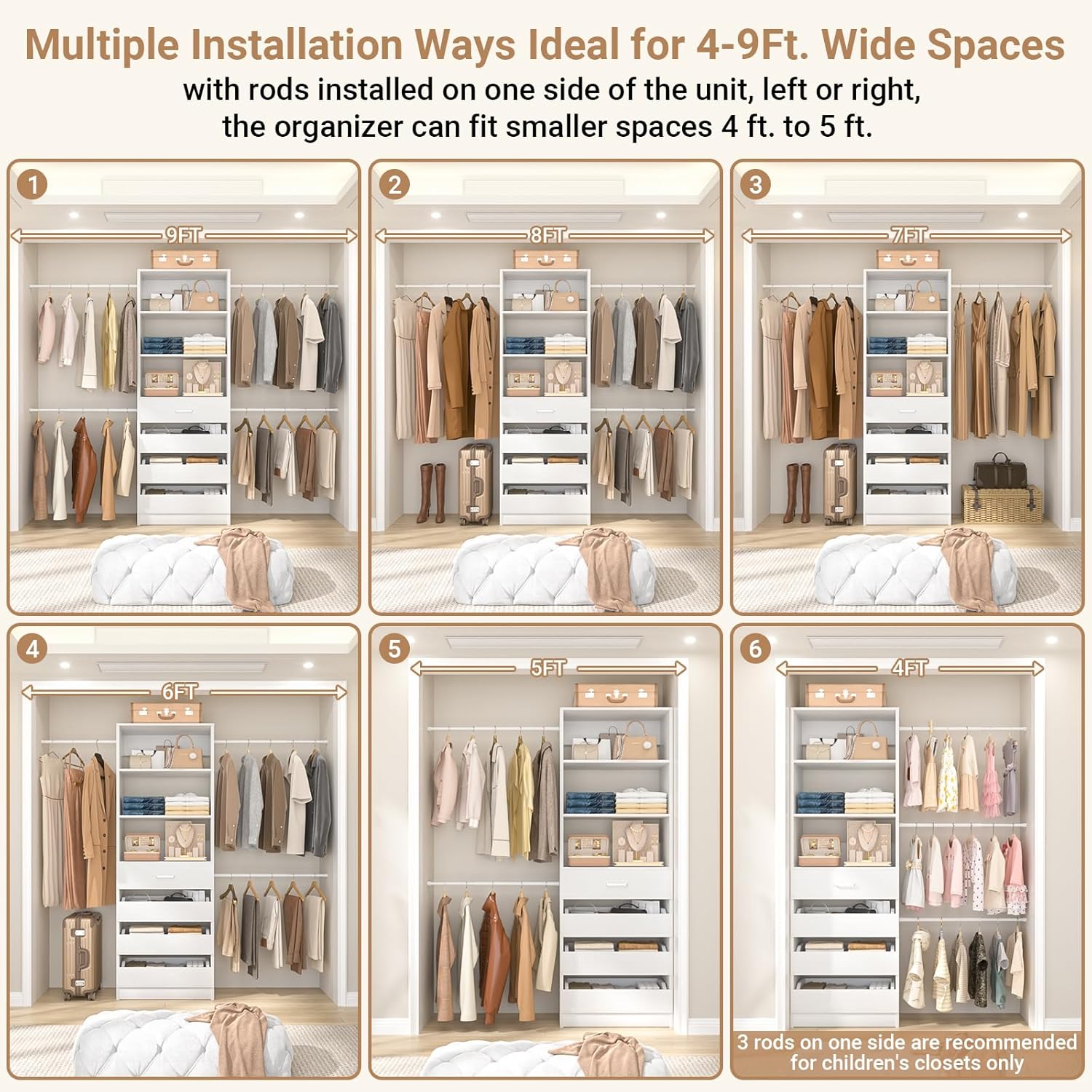 Aheaplus Closet System, 4-9Ft Closet Organizer with 4 Wooden Drawers, Wood Closet Organizer System with Tower, Walk-in Closet Organizer Wardrobe Clothes Rack with 4 Hanging Rods, Garment Rack, White