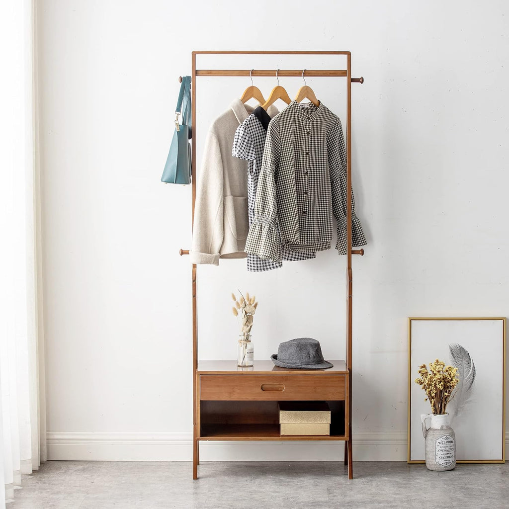 Bamboo Wooden Garment Rack Freestanding Closet Organizers and Storage Drawers with Seat&Hooks, Coat Rack, Open Wardrobe for Entryway and Bed Room Storage (25(L) x 13(W) x 66.5(H))