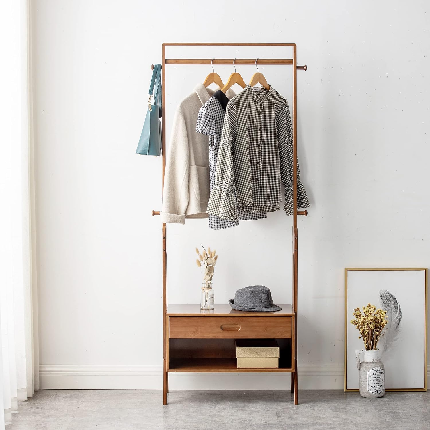 Bamboo Wooden Garment Rack Freestanding Closet Organizers and Storage Drawers with Seat&Hooks, Coat Rack, Open Wardrobe for Entryway and Bed Room Storage (25(L) x 13(W) x 66.5(H))