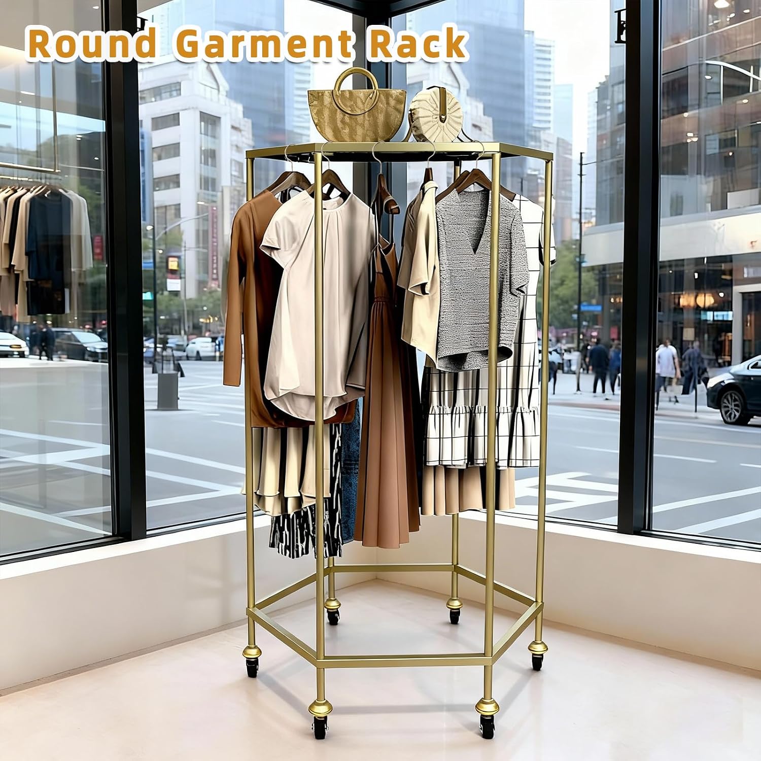 31.5-Inch Rolling Round Garment Rack with Shelf & Wheels,50'x50' Footprint,330lbs Load Heavy Duty Round Clothing Rack for Home & Retail Display, Gold