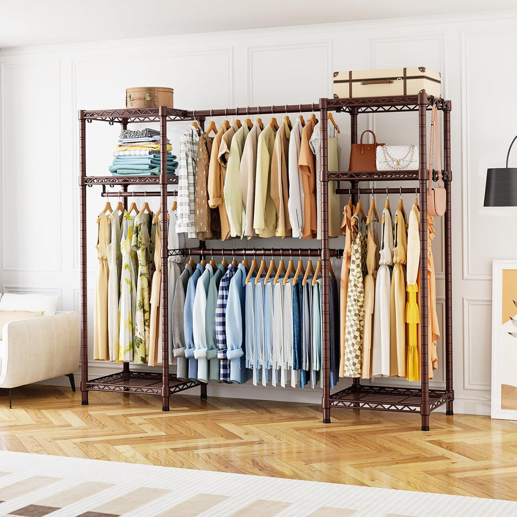 Ulif E7 Garment Rack, Heavy Duty Clothes Storage System with Extendable Hangers Rods, Metal Clothing Rack with 6 Wire Shelves, (52.3'-72') W x 14.5' D x 71.2' H, Load 838lbs, Bronze