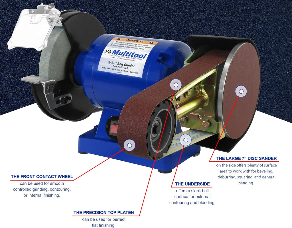 Multitool 2' x 36', 1 hp Industrial Belt Grinder, 8' Bench Grinder with Multitool Grinders Belt Attachment