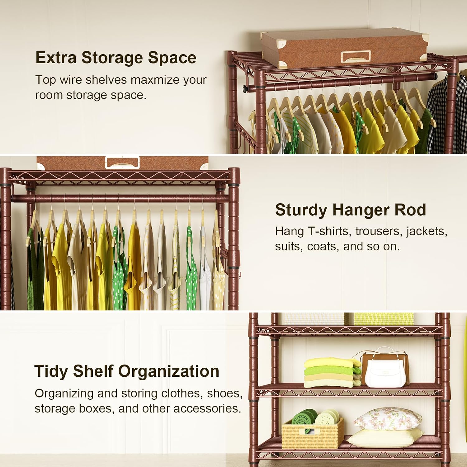 Ulif E1 Heavy Duty Closet Garment Rack, 6 Tiers Adjustable Metal Freestanding Expandable Clothing Storage with 4 Hanger Rods, Easy to Assemble Wardrobe, 71.4' H x (70' - 88.2') L x 14' D, Bronze