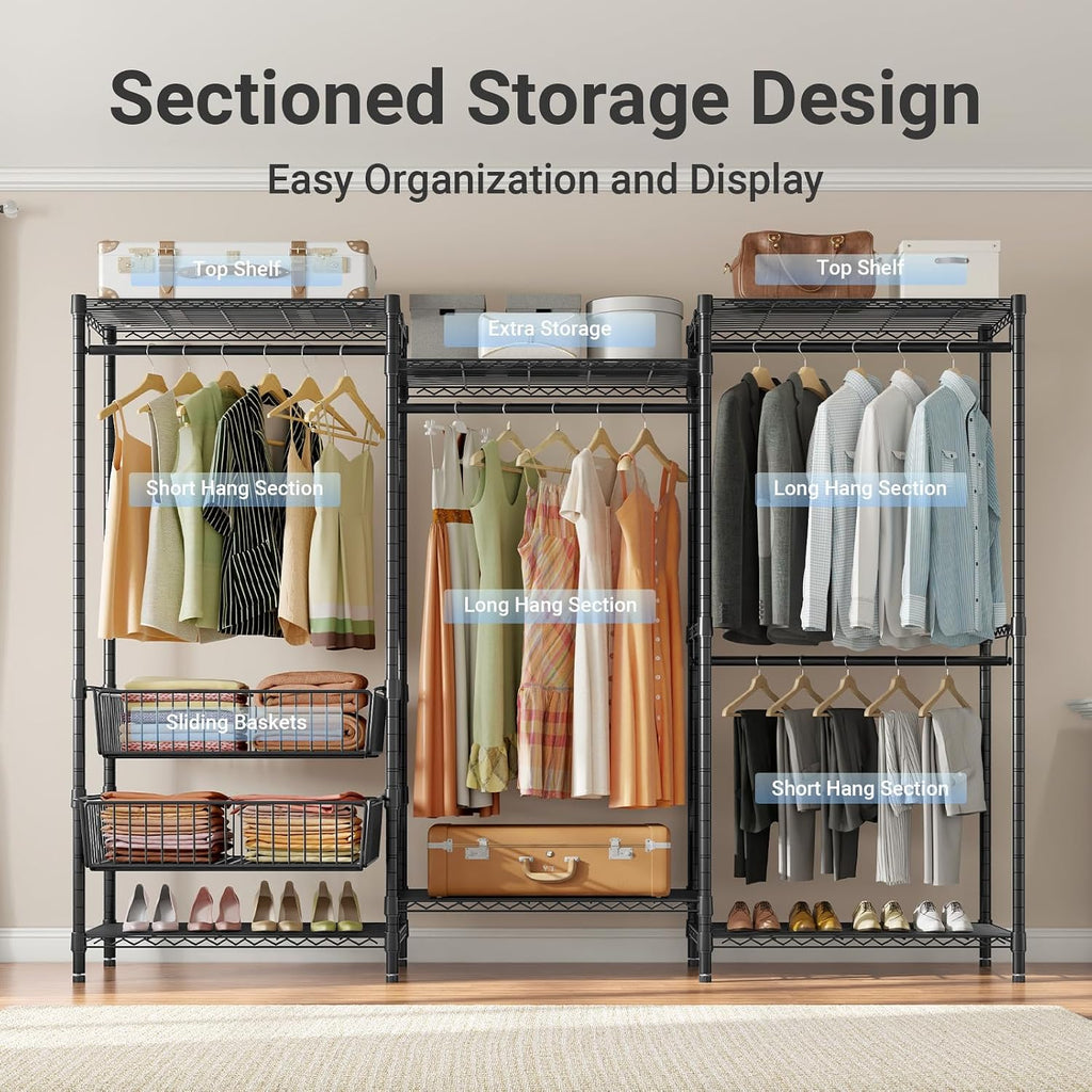 VIPEK V10 Garment Rack Large Size Heavy Duty Clothes Rack with Hanging Rods, Adjustable Shelves & 2 Slid Storage Baskets, Wire Clothing Rack 68.9' W x 15.7' D x 76.4' H, Max Load 920 LBS, Black