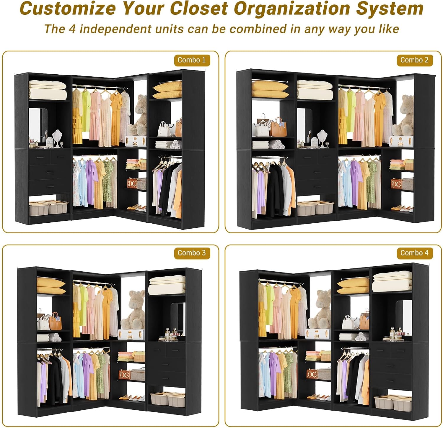 Unikito 86' Closet System, Corner Closets Organizer with Hanging Rods and Mirror, Freestanding Adjustable Clothes Garment Racks with Drawers, Sturdy Walk in Closet Kit with 3 Set Closets Tower, Black