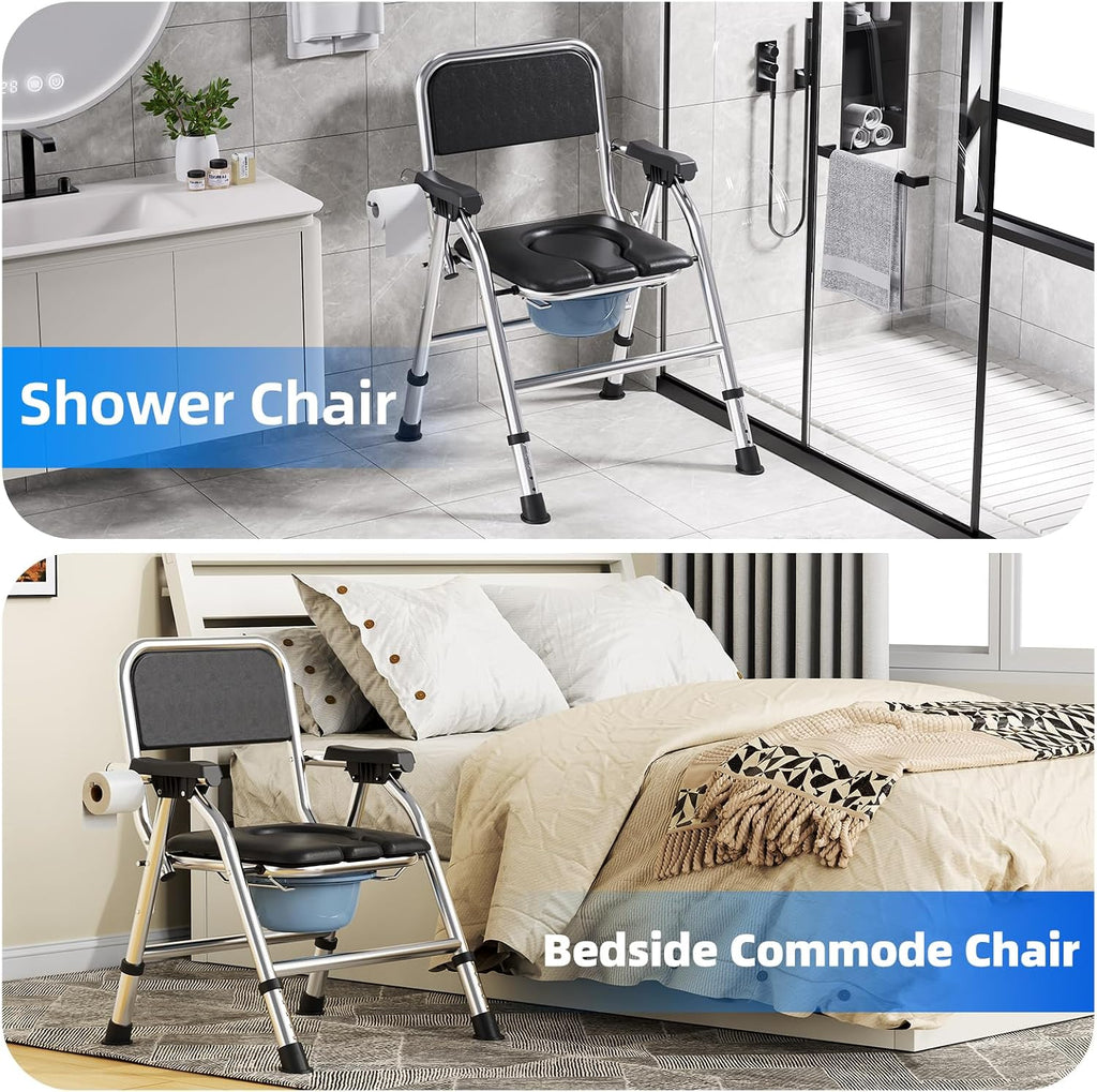 4 in 1 Folding Bedside Commode Chair for Elderly with Arms and Back,Adjustable Height Raised Toilet Seat with Handles,Adults Potty Chair for Seniors,Disabled and Pregnant