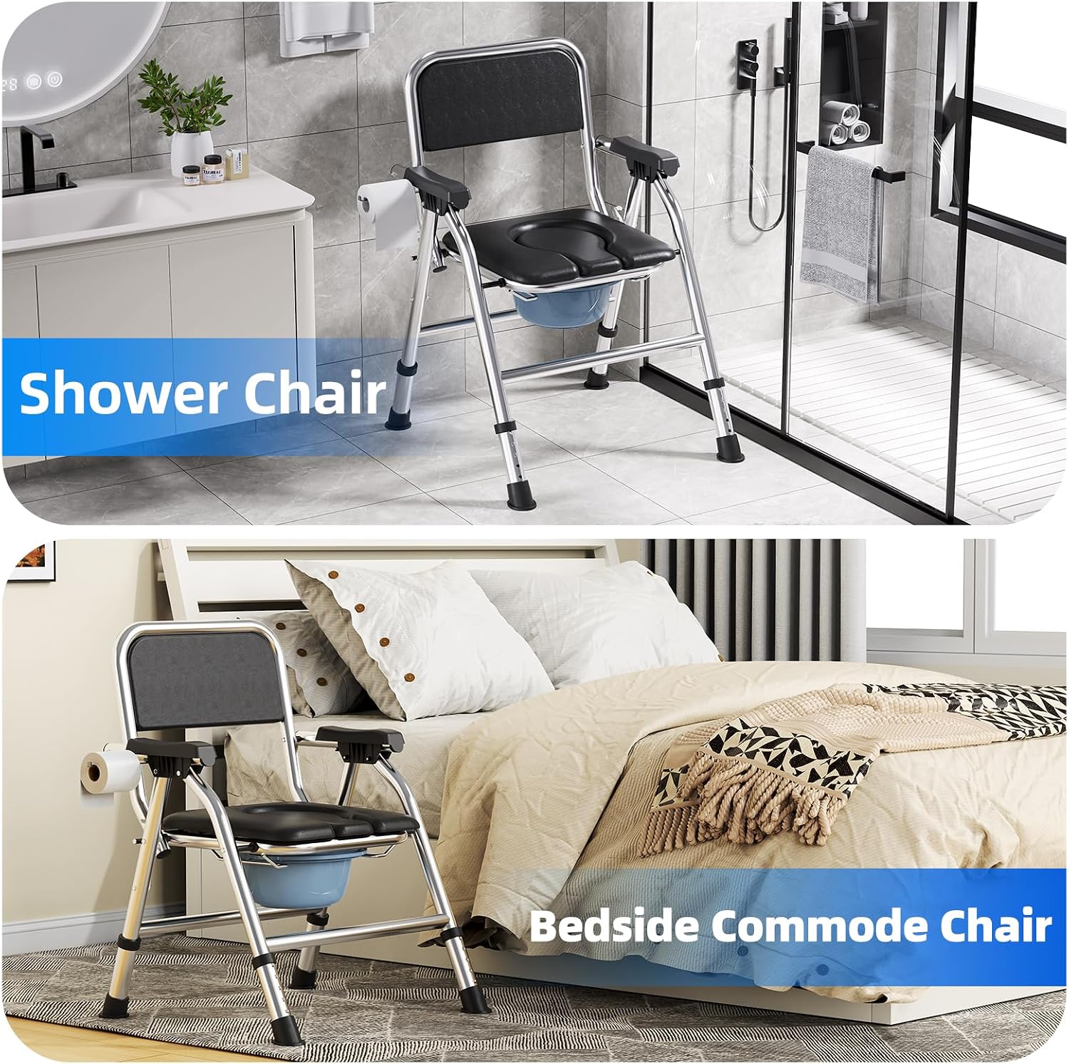 4 in 1 Folding Bedside Commode Chair for Elderly with Arms and Back,Adjustable Height Raised Toilet Seat with Handles,Adults Potty Chair for Seniors,Disabled and Pregnant