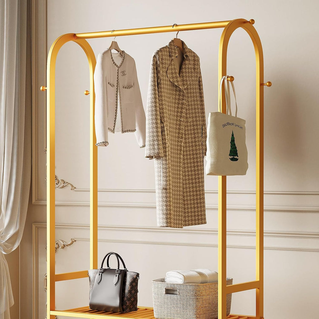 Gold Clothing Rack for Hanging Clothes,Sturdy metal clothes rack,Modern Garment Rack with Bottom Storage Shelves and 6 Side Hooks, Freestanding Wardrobe Rack for Bedroom or Closet