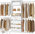 Aheaplus Closet System, 4-9Ft Closet Organizer with 4 Wooden Drawers, Wood Closet Organizer System with Tower, Walk-in Closet Organizer Wardrobe Clothes Rack with 4 Hanging Rods, Garment Rack, White