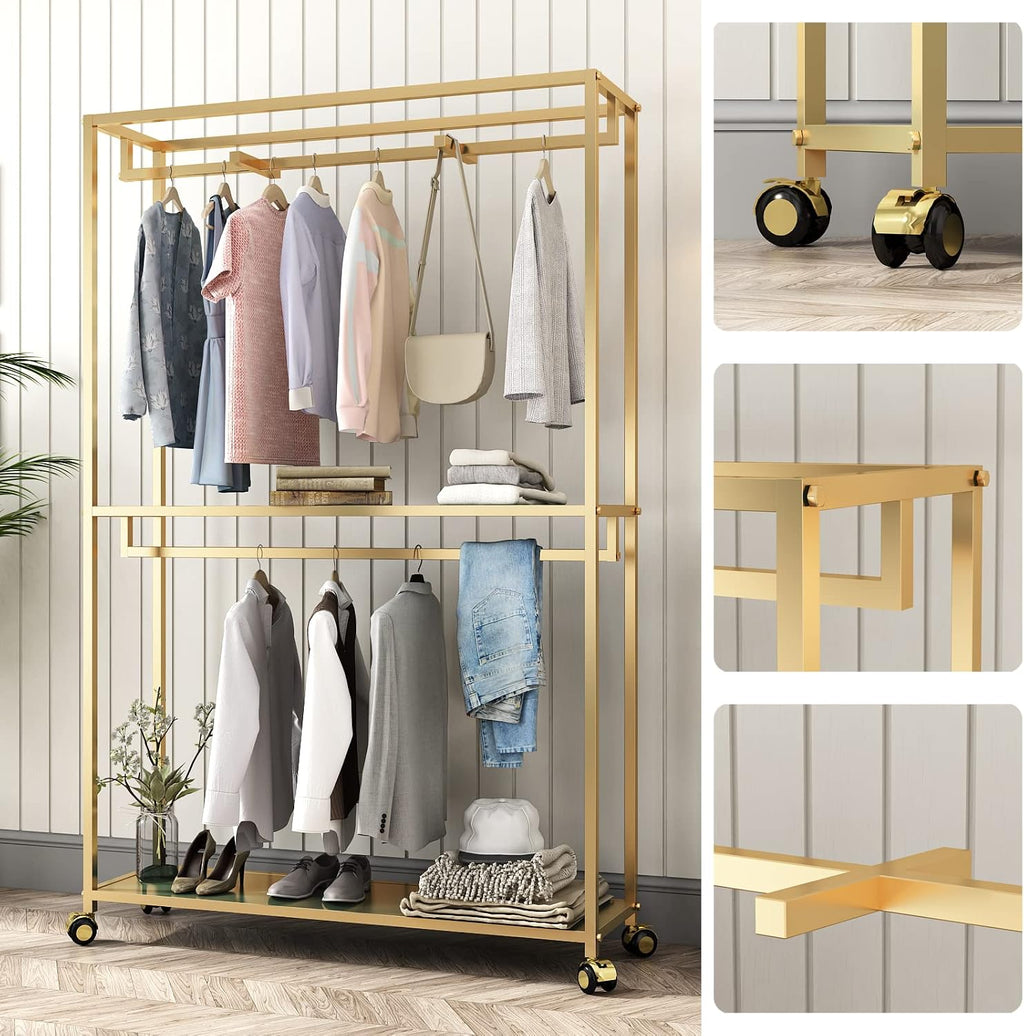 TIEOU Gold Clothes Racks Free-Standing, Gold Clothing Rack with Shelves for Boutiques, Heavy Duty Garment Rack for Hanging Clothes, Large Wardrobe Closet(Only One Shelf)