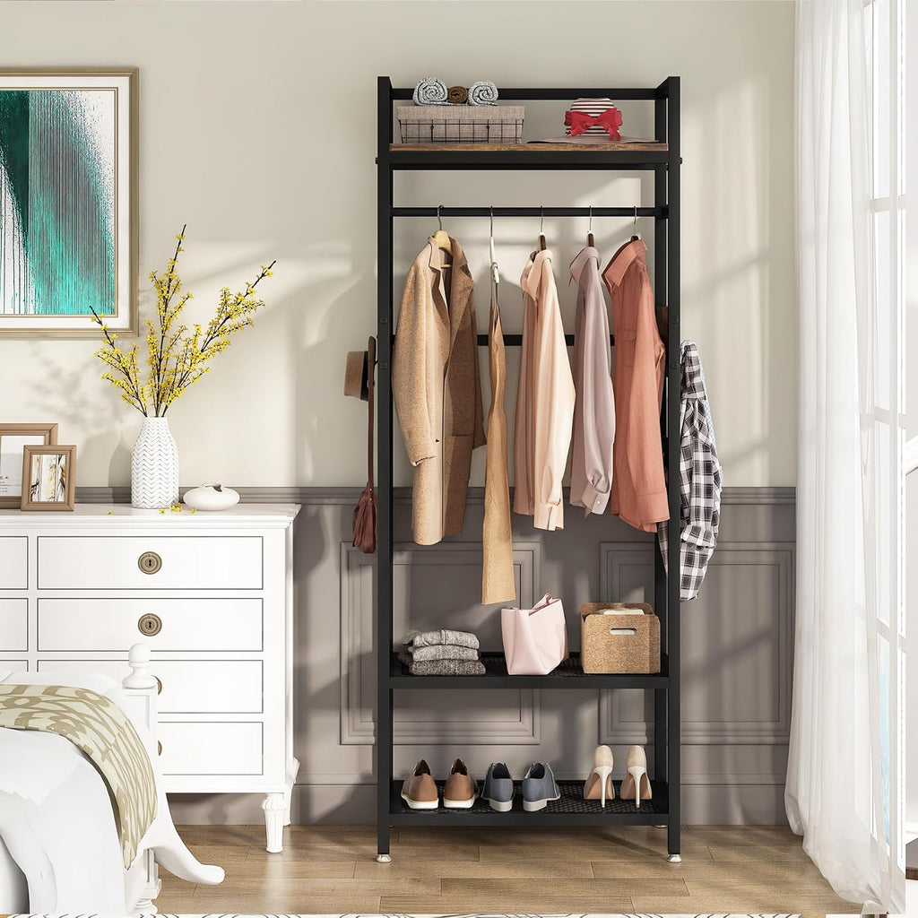 Tribesigns 69-inch Tall Narrow Clothes Garment Rack, Small Heavy Duty Closet Organizer with Shelves and Hooks, Freestanding Clothes Hanging Rack open wardrobe for Bedroom, Brown & Black