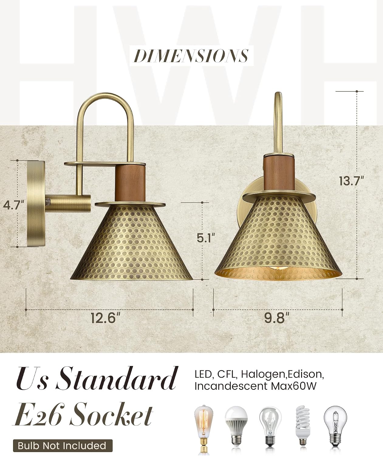 Industrial Wall Sconces Set of Two, HWH Indoor Wall Light Fixtures Barn Light, Single Wall Vanity Lamp for Bedroom Bedside Kitchen, Hammered Metal Shade, Antique Brass Finish, 5HZG74B-2L BG