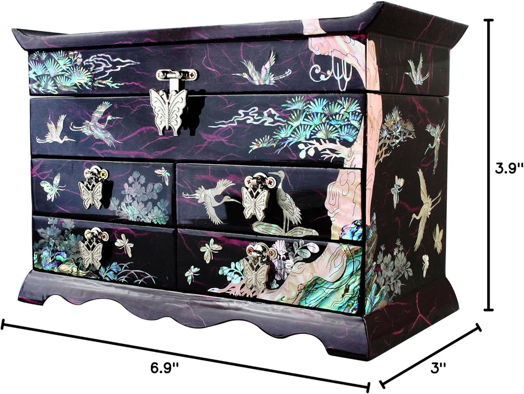 Mother of Pearl Crane and Pine Tree in Purple Mulberry Paper Design Wooden Jewelry Mirror Trinket Keepsake Treasure Gift Asian Lacquer Box Case Chest Organizer