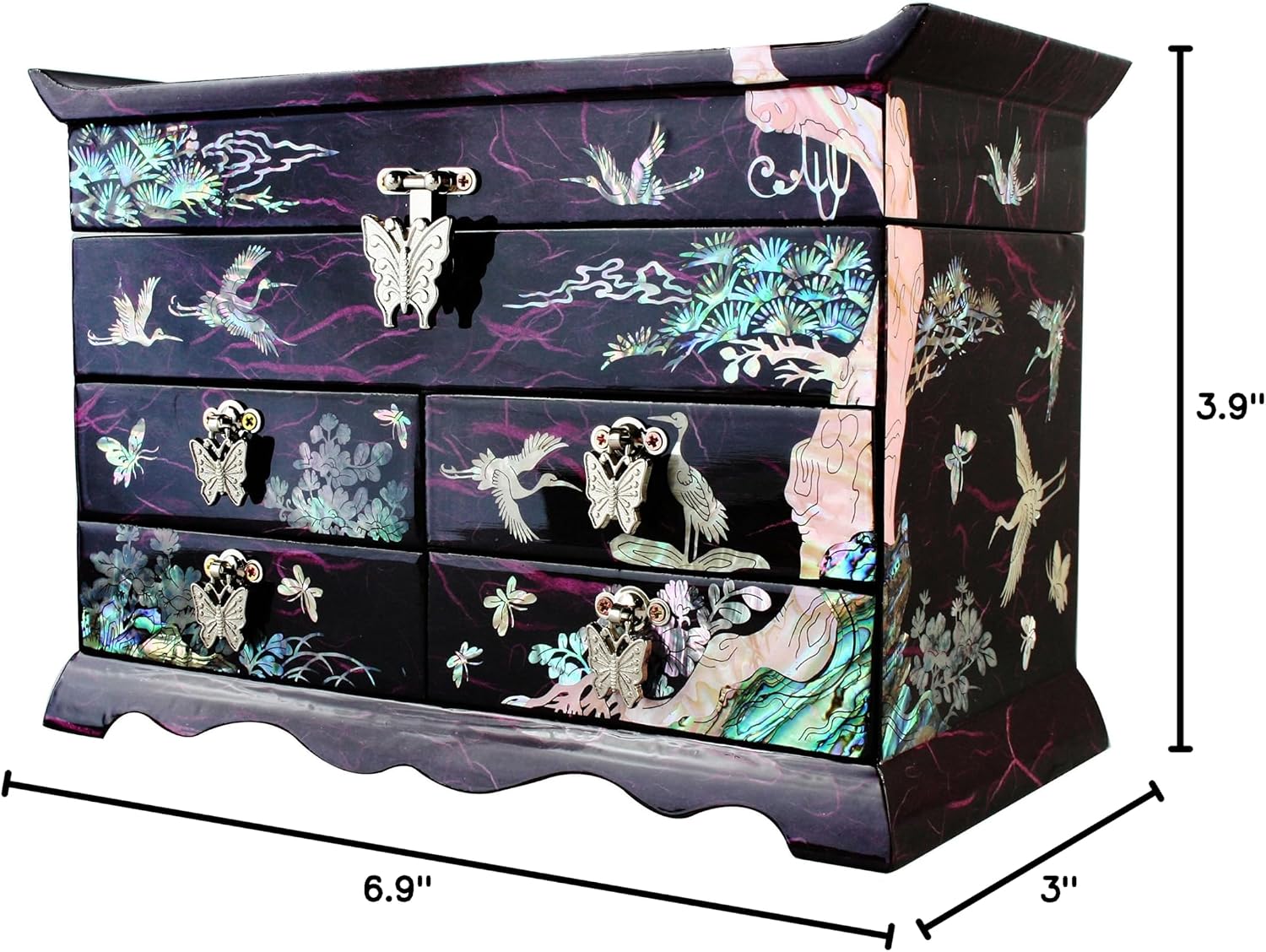 Mother of Pearl Crane and Pine Tree in Purple Mulberry Paper Design Wooden Jewelry Mirror Trinket Keepsake Treasure Gift Asian Lacquer Box Case Chest Organizer