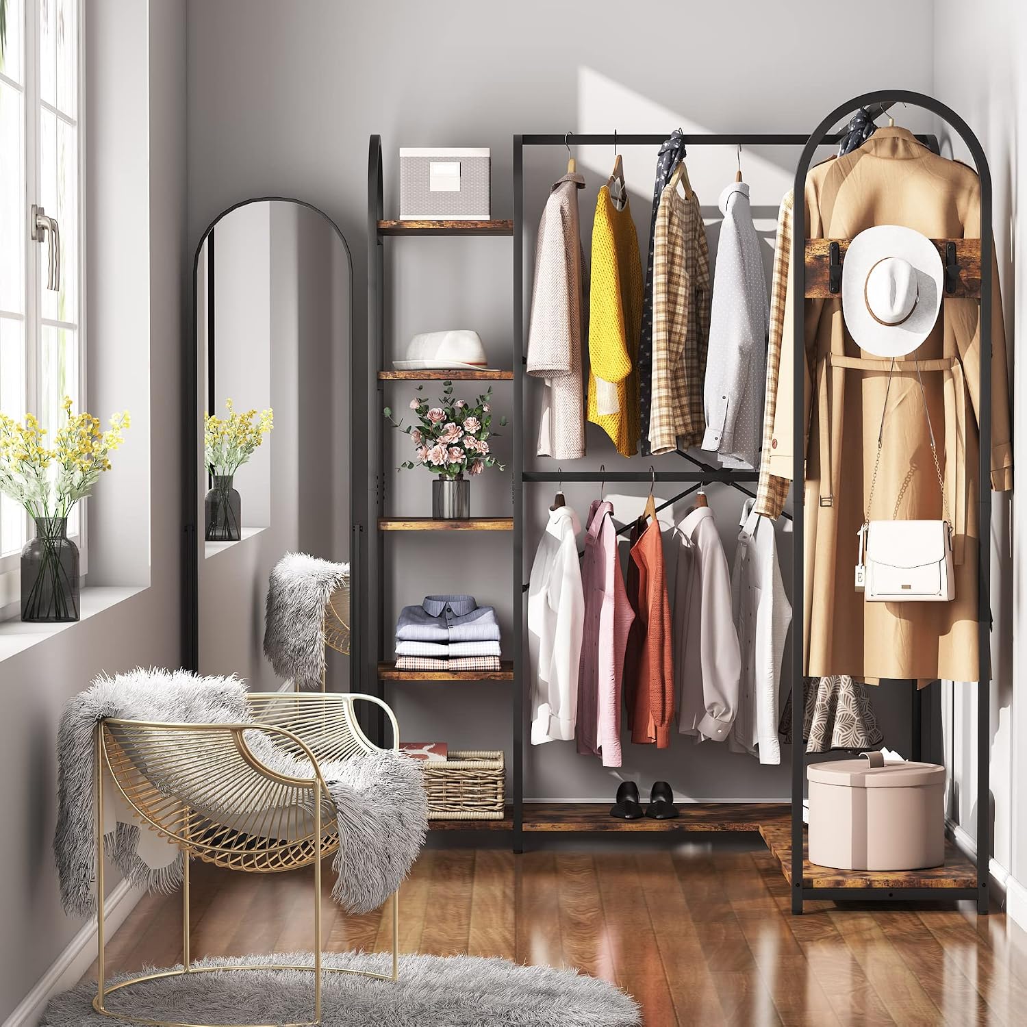 Tribesigns L Shape Clothes Rack, Corner Garment Rack with Storage Shelves and Hanging Rods, Space-Saving Large Open Wardrobe Closet for Bedroom