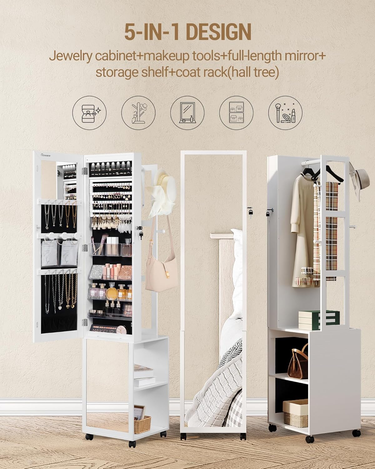 Hzuaneri 8 LEDs Jewelry Cabinet Armoire, 66.9-inch Jewelry Organizer with Garment Rack, Lockable Full-length Mirror with 4 Wheels, Storage Shelves with Hooks, 5-in-1, White and Beige JC17003B