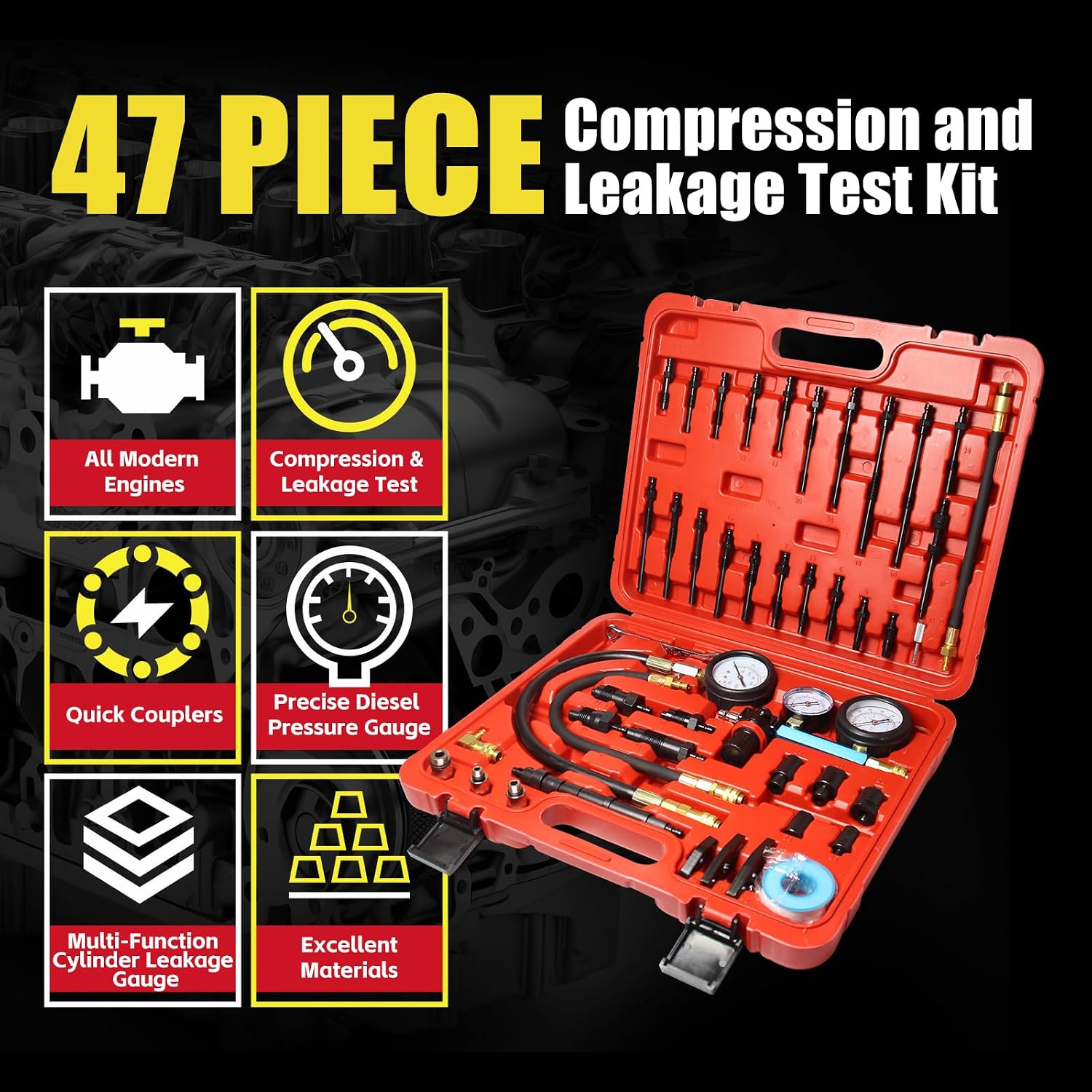 47 PCS Compression Tester Kit, Leak Down Tester Automotive Small Engine, Cylinder LeakdownTester Kit for Fixing Petrol & Diesel Engine Issues for Cars, Trucks and Motocycles