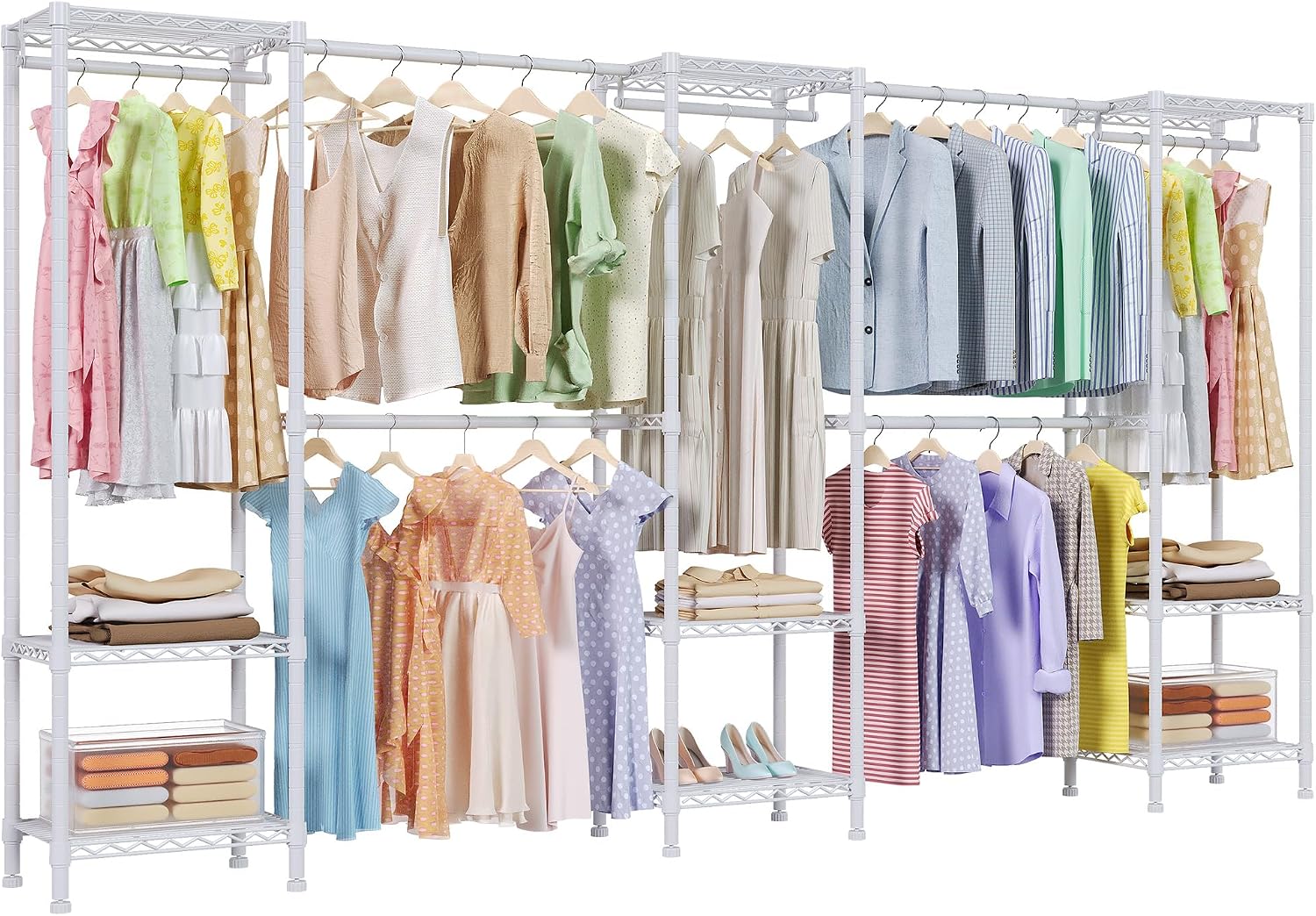 Higeego H11 Heavy Duty Garment Rack, Clothing Rack for Hanging Clothes, Extra Large Closet, Freestanding Wardrobe Closet Organizer and Storage with Hanger Rods, Extendable from 7.8 to 10.8 ft, White
