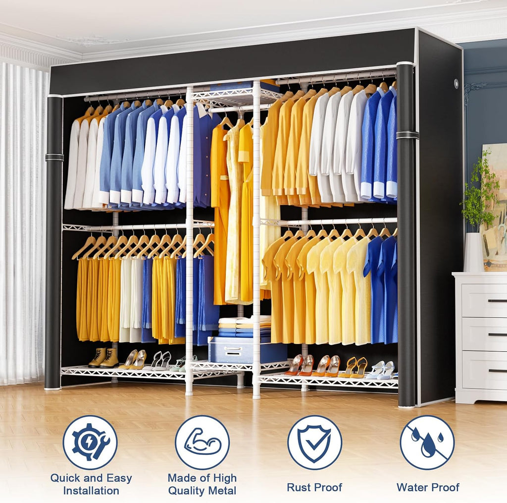 Ulif E12C Pro Heavy Duty Closet Organizer System，Freestanding Clothing Racks for Hanging Clothes，Adjustable Garment Rack 71'W x 16'D x 76.5'H Hold 960lbs，White Clothing Rack with Black Dustproof Cover